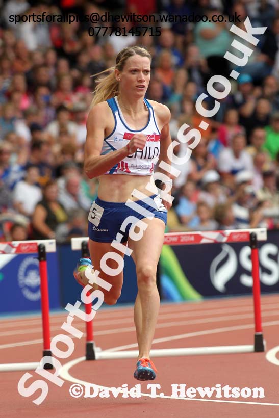 Eilidh Child (Scotland) in the heats of the 400 metres hurdles at the Commonwealth Games, Glasgow. Photo: David T. Hewitson/Sports for All Pics